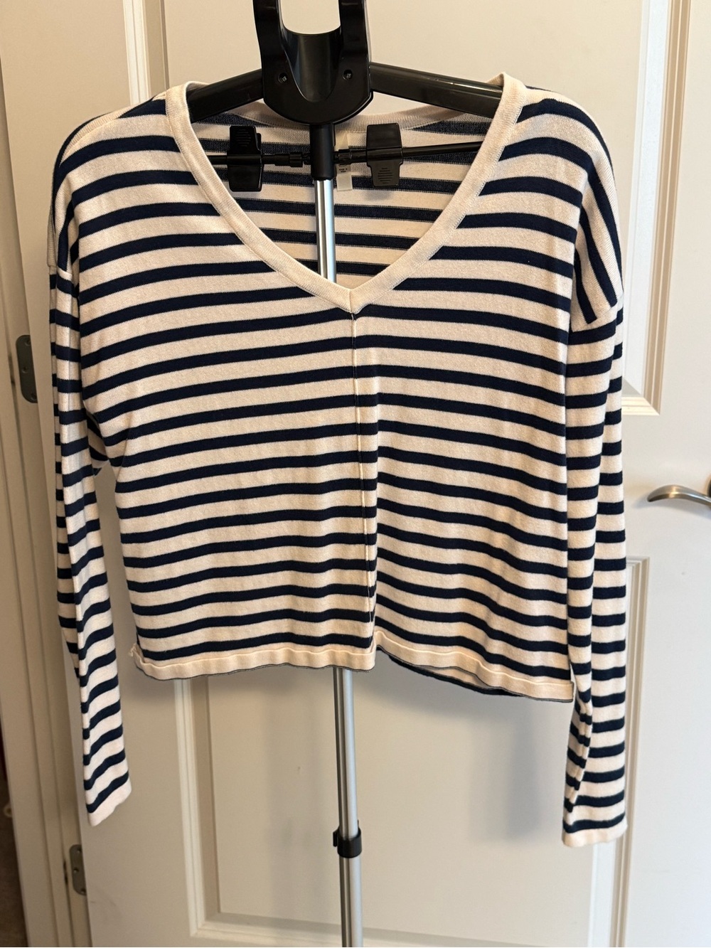 Pact Navy and White Striped V-Neck Top